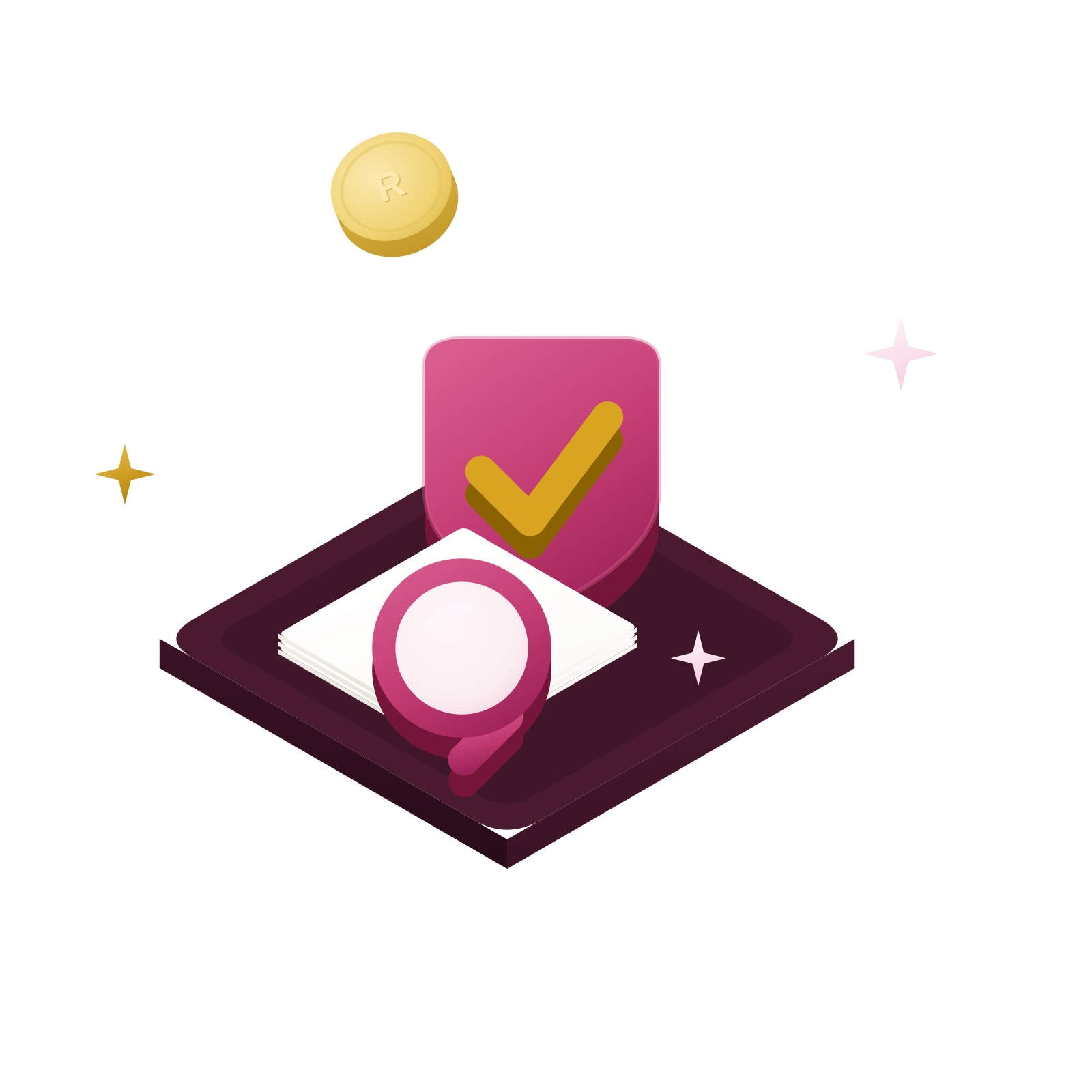 Isometric 3D illustration: a rose shield with a gold check and a magnifier over a document — trust and verification