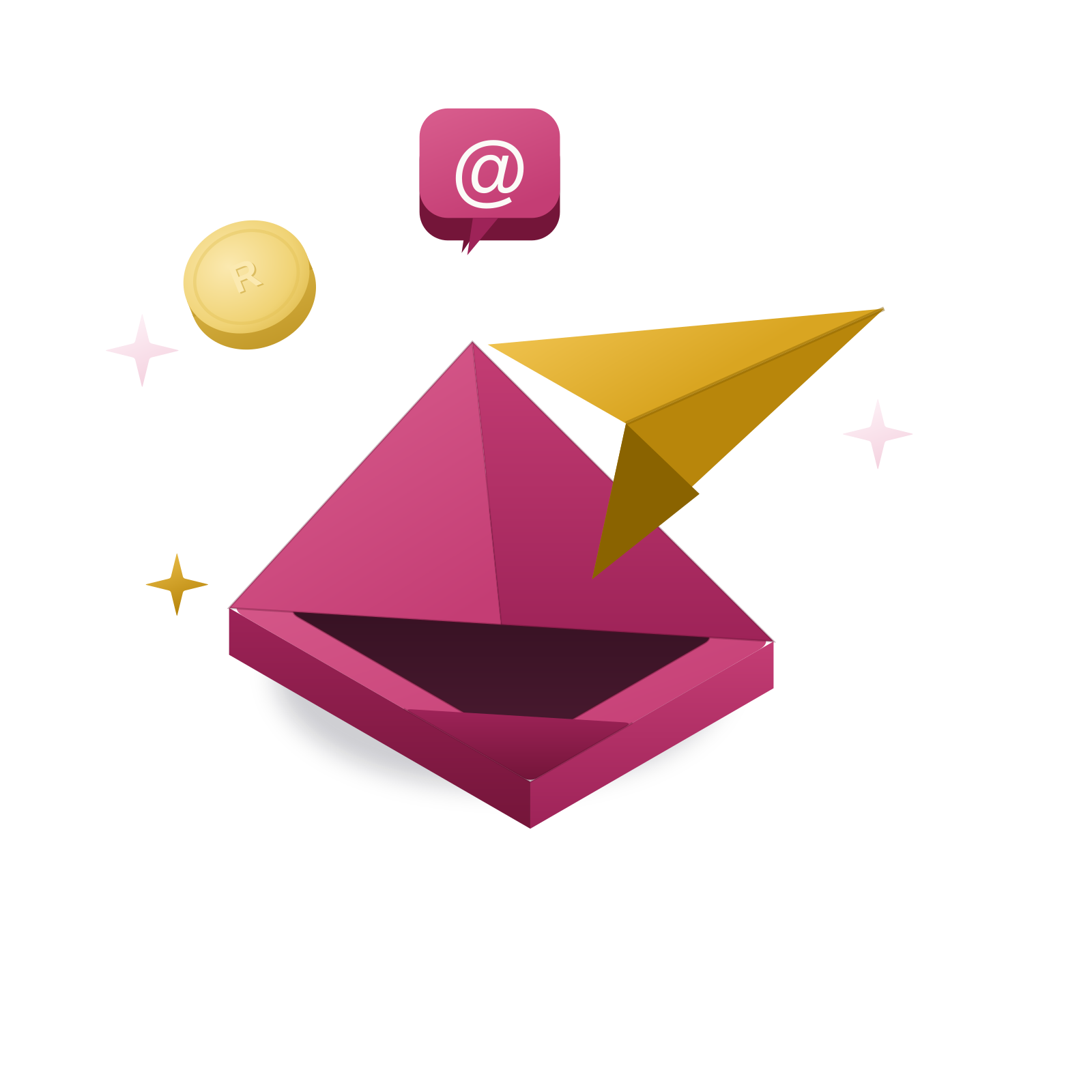 Isometric 3D illustration: an ivory envelope with a gold paper plane and a rose speech-bubble chip