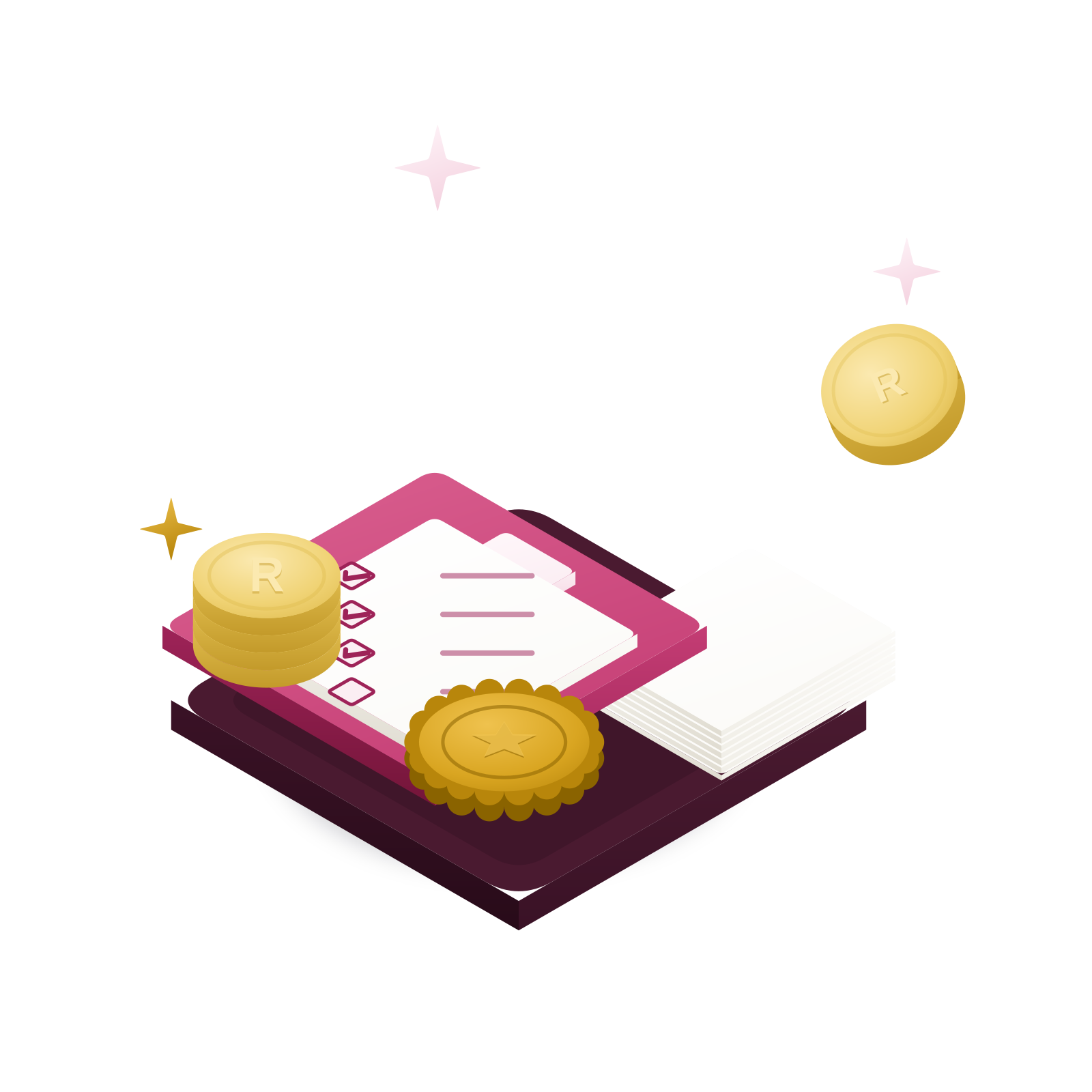 Isometric 3D illustration: a rose eligibility checklist on a clipboard with a gold seal badge and a stack of gold “R” coins